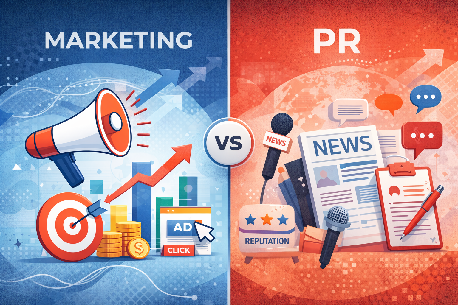 Marketing vs PR comparison showing how marketing drives sales while PR builds reputation and trust